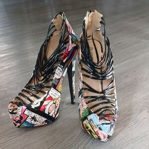 Bumper Brand Comic Book Print Platform Stiletto Heels Strappy Caged Design Sz 9